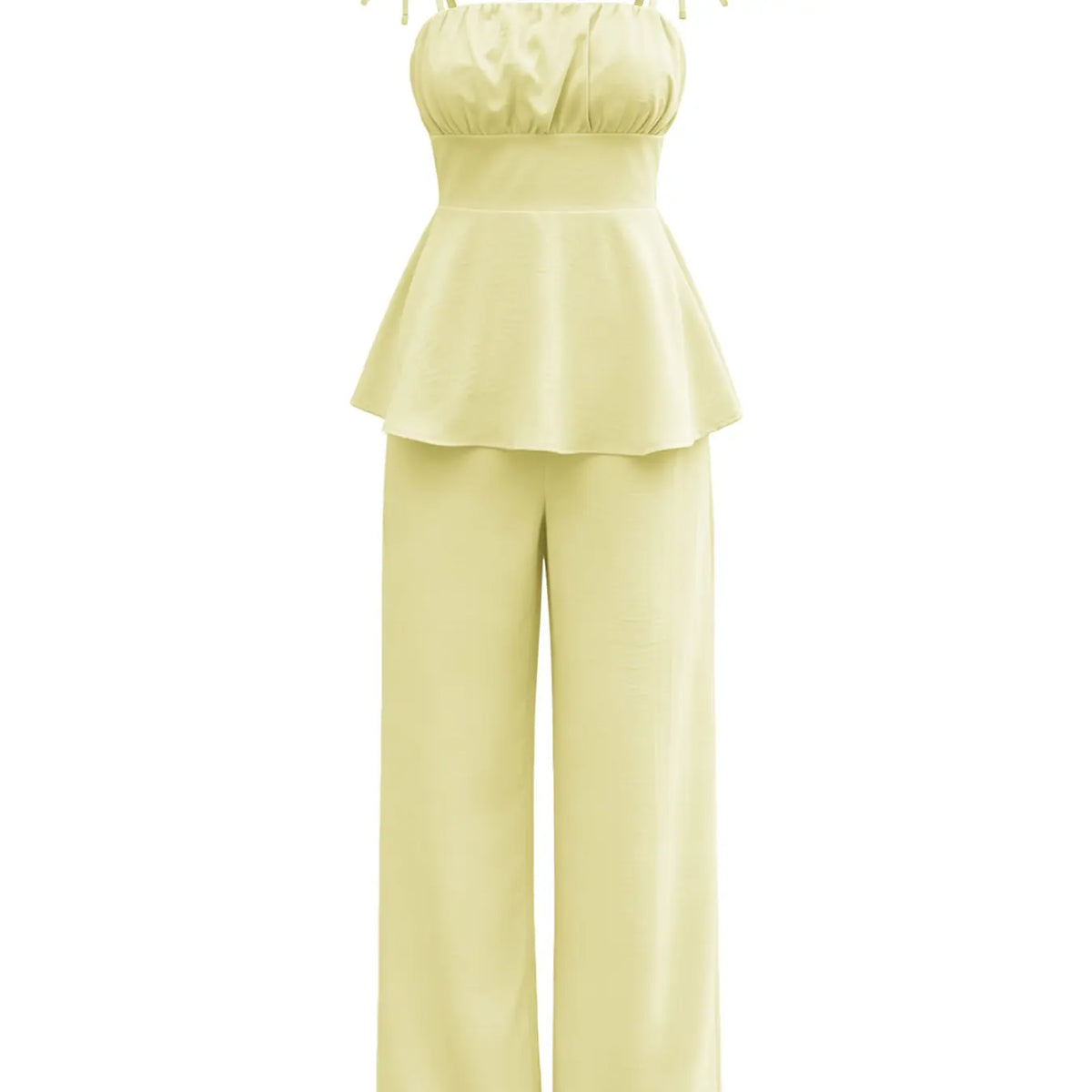 Solid Color Casual Simple Ruffled Cami Top & Wide-Leg Pants Two-Piece Set Outfit, High-Waisted Sleeveless Fitted H-Line Lightweight Lady Womenswear
