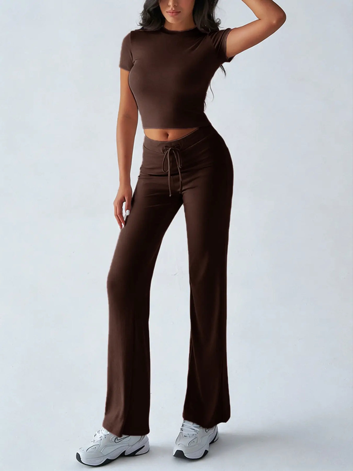 Women's Basic Minimalist Solid Short Sleeve Two-piece Set, Casual Round Neck Crop Tee & Drawstring High Waist Trousers for Daily Wear, Ladies Summer Clothes, Womenswear