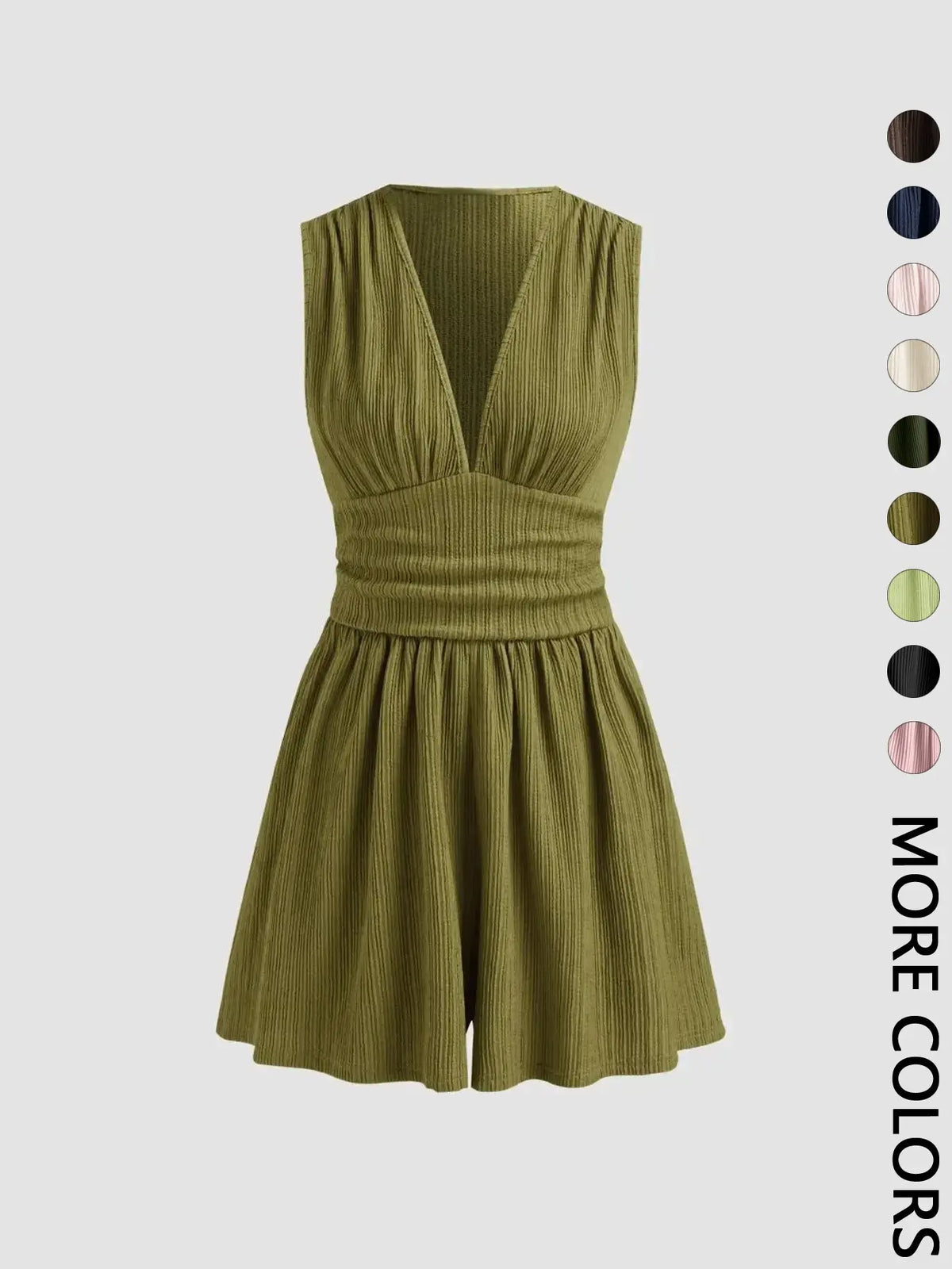 Women's Plain Ribbed Ruched Deep V Neck Tank Short Piece, Elegant Sleeveless Shorts Romper For Summer, Fashion Casual Ladies Clothes For Daily Wear