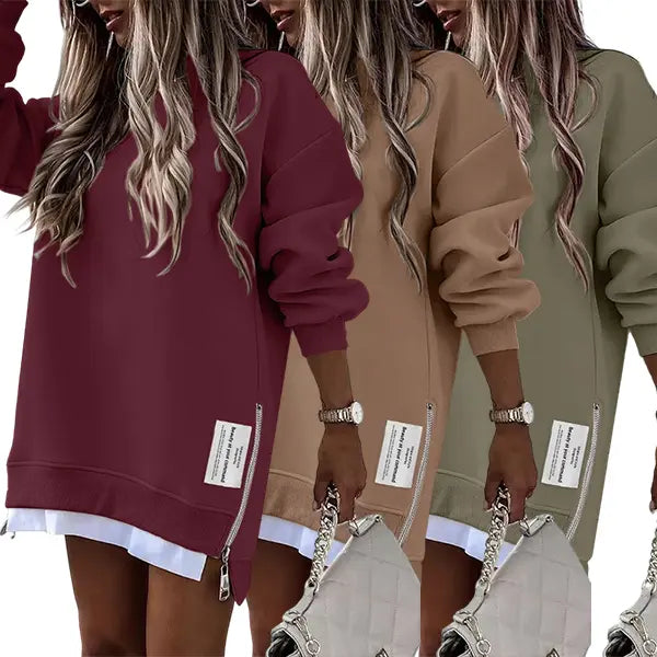 CHICME 2026 Women's Oversized Fall Long Sleeve Pullover Sweatshirt Zipper Slit Casual Dress Drop Shoulder Outfits, Dresses For Women, Women's Clothes
