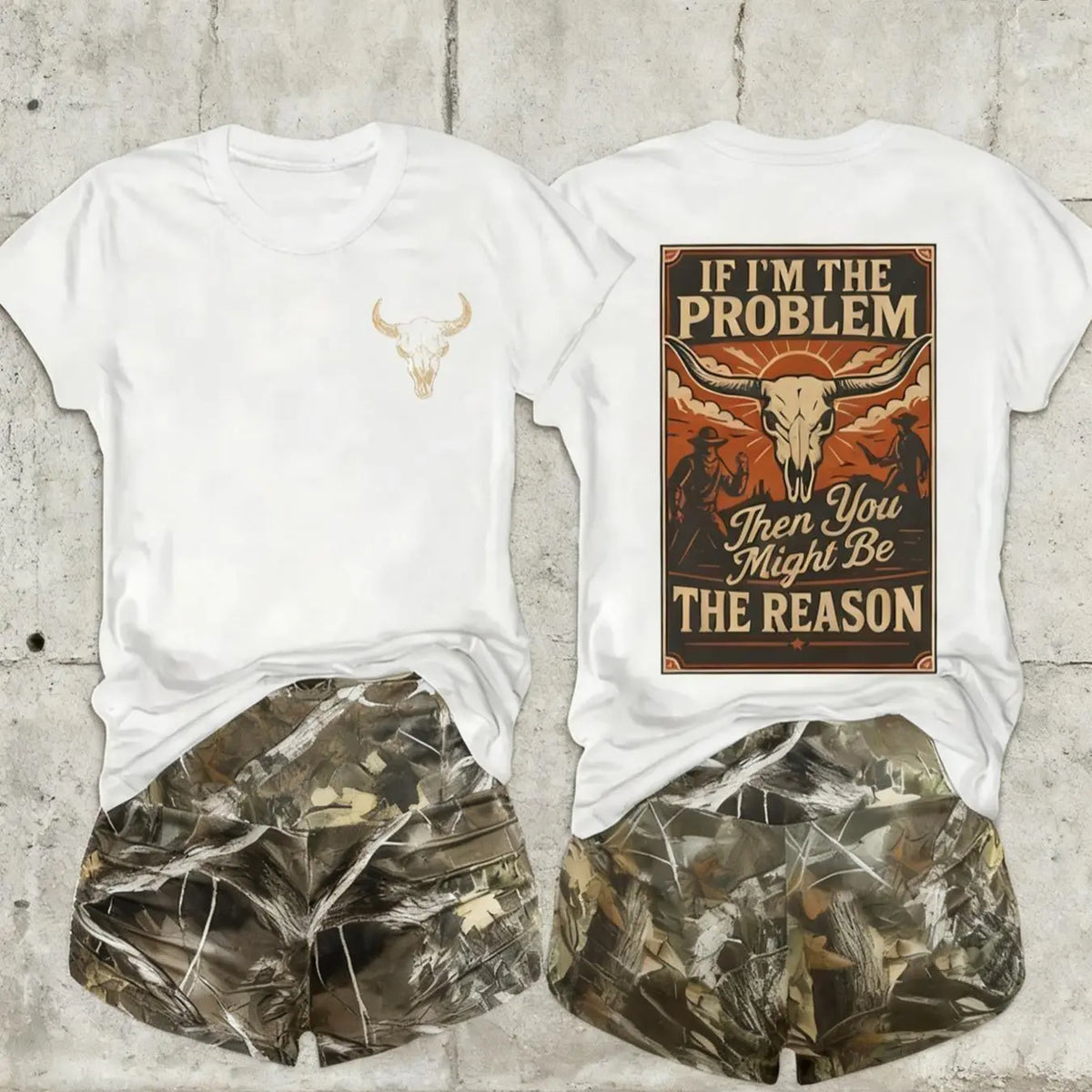 Women's 2-Pack Western Bull Print Short Sleeve Loose T-Shirt & Camo Shorts Set, Soft Casual Fabric, Daily Streetwear Loungewear, Black Beige Pink White Purple Red Multi-Color Options, Clothes