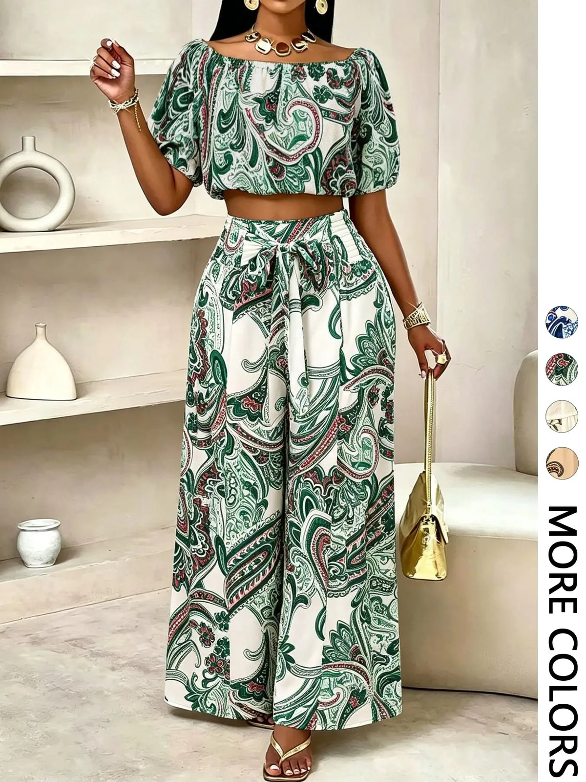 Women's Summer Paisley Print Bohemian Boho Vintage Chic Vacation Two-Piece Outfit, Two Pieces Outfits, Off-Shoulder Bubble Sleeve Crop Top + High Waist Adjustable Drawstring Wide Leg Pants
