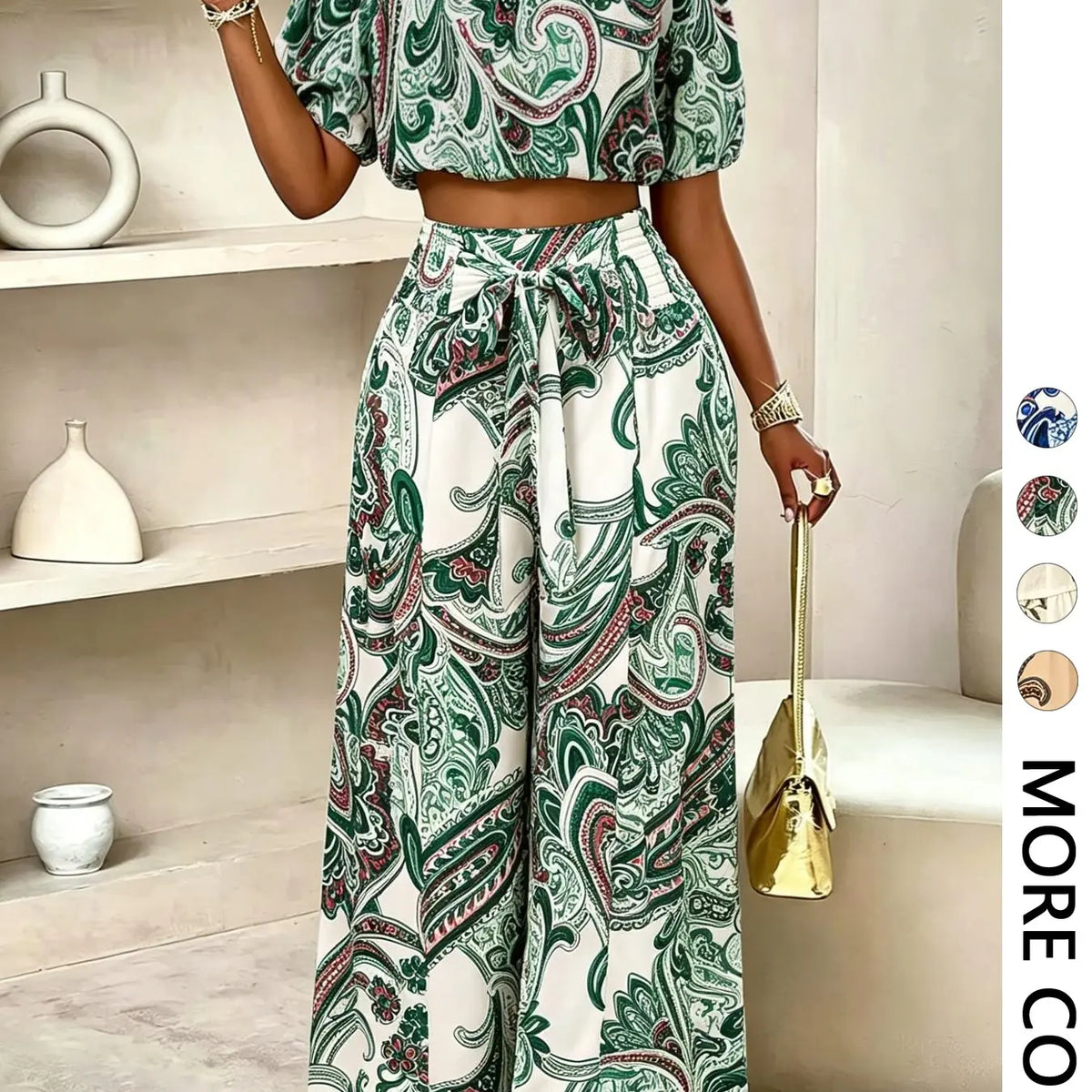 Women's Summer Paisley Print Bohemian Boho Vintage Chic Vacation Two-Piece Outfit, Two Pieces Outfits, Off-Shoulder Bubble Sleeve Crop Top + High Waist Adjustable Drawstring Wide Leg Pants