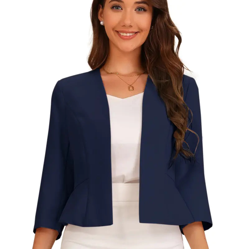 INSPIRE CHIC Elegant Blazer Women's Open Front Collarless 3/4 Sleeve Peplum Business Work Suit Jacket