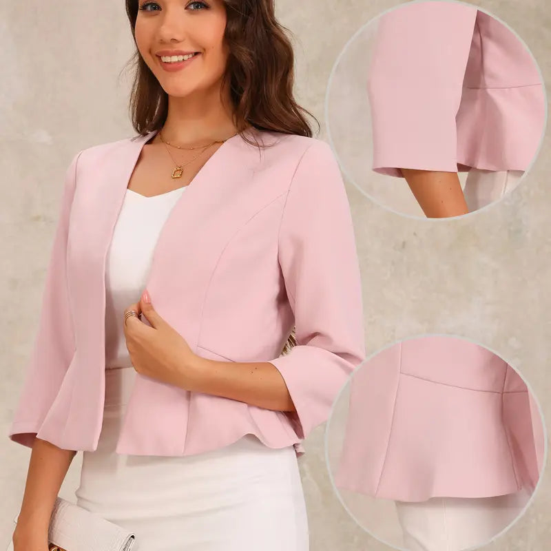 INSPIRE CHIC Elegant Blazer Women's Open Front Collarless 3/4 Sleeve Peplum Business Work Suit Jacket