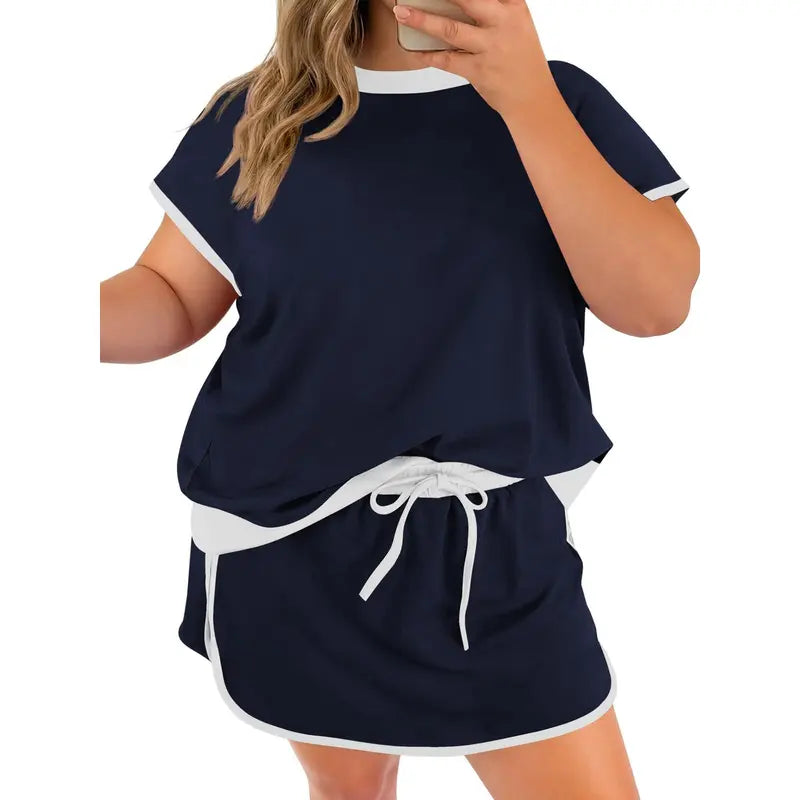 TANKANEO Women's Plus-Size 2-Piece Polyester Shorts Set, Lightweight Short-Sleeve Color Block Shirt & Adjustable Skort, Comfortable Fit Casual Matching Set