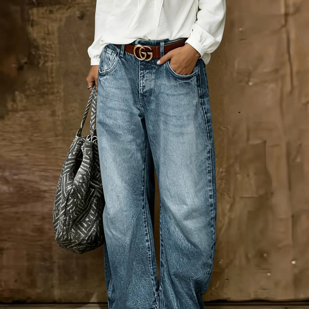 2026 standard size women's blue washed denim fashionable wide leg loose baggy casual jeans pants, simple, fashionable and loose, suitable for wearing all seasons