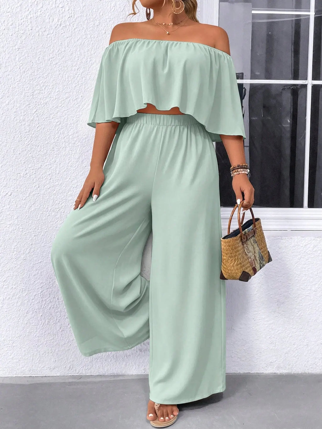 Women's Plus Size Two Piece Sets Off Shoulder Ruffle Crop Top High Waist Wide Leg Pants Matching Sets Solid Black Flowy Casual Summer Vacation Outfits Resort Wear Elegant Boho Co-ord Spring Womenswear Clothes Elegance