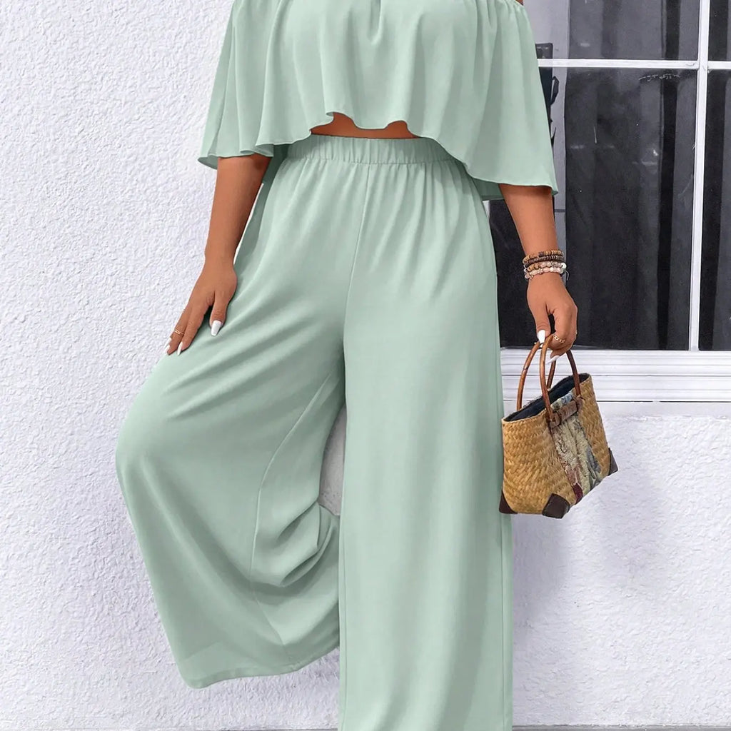 Women's Plus Size Two Piece Sets Off Shoulder Ruffle Crop Top High Waist Wide Leg Pants Matching Sets Solid Black Flowy Casual Summer Vacation Outfits Resort Wear Elegant Boho Co-ord Spring Womenswear Clothes Elegance