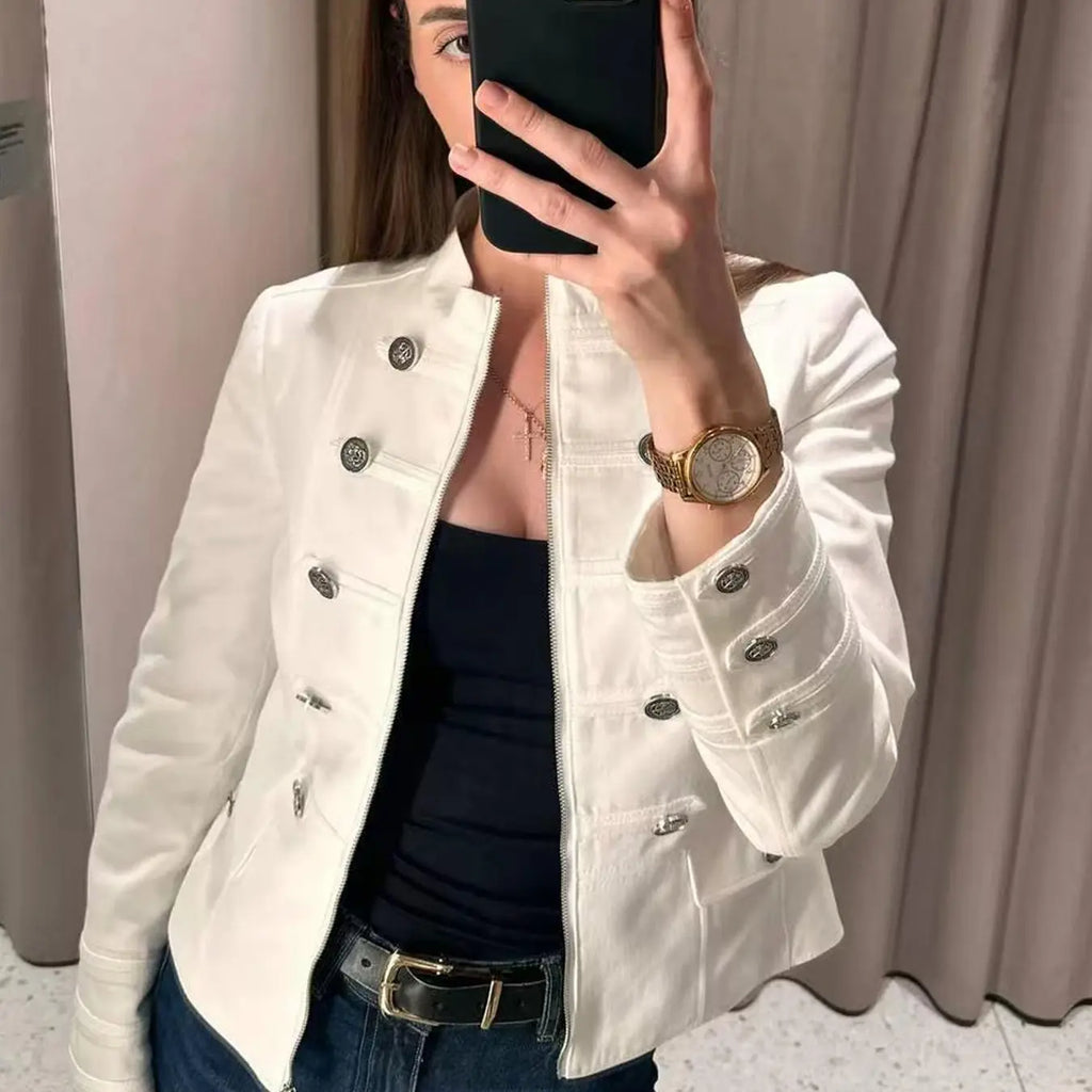Double Breasted Button Cropped Blazer For Women Demi-Season Long Sleeve Tops White Jacket Fitted Streetwear Military Style Elegant Chic High Neck Women's Outerwear Casual Zip Up Short Coats Womenswear