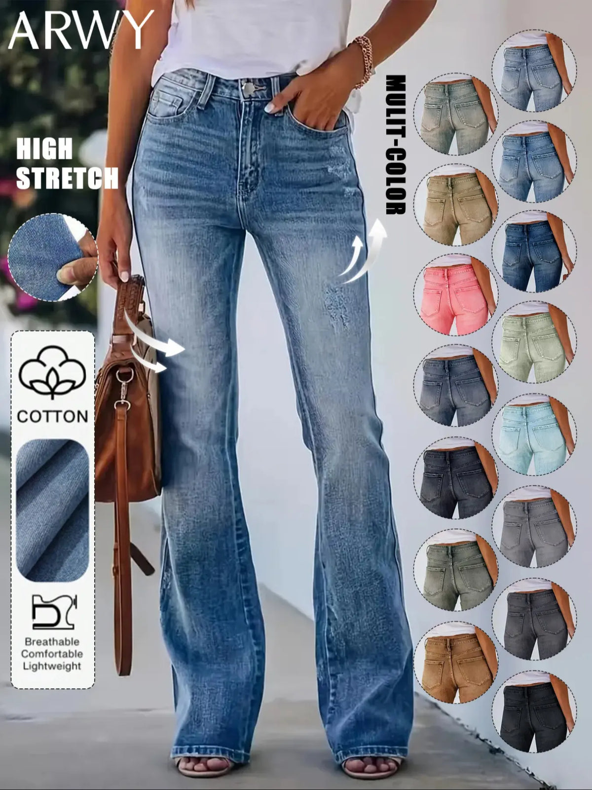 Women's Bohemian Gradient Slim-Fit Flare Leg Denim Jeans for All Seasons, Medium-Wash Denim Mid-Waist Stretchy Pants with Pockets, Womenswear