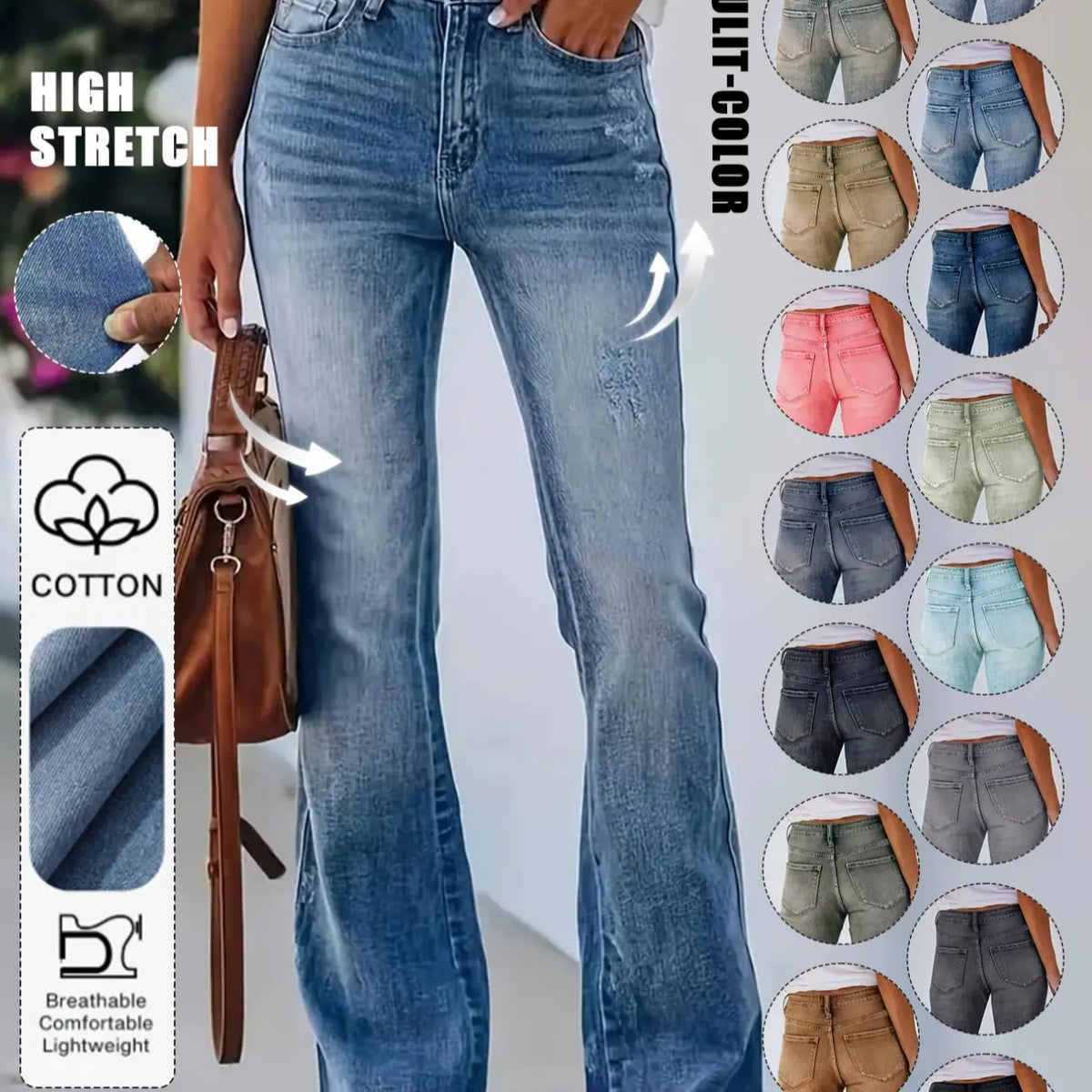 Women's Bohemian Gradient Slim-Fit Flare Leg Denim Jeans for All Seasons, Medium-Wash Denim Mid-Waist Stretchy Pants with Pockets, Womenswear