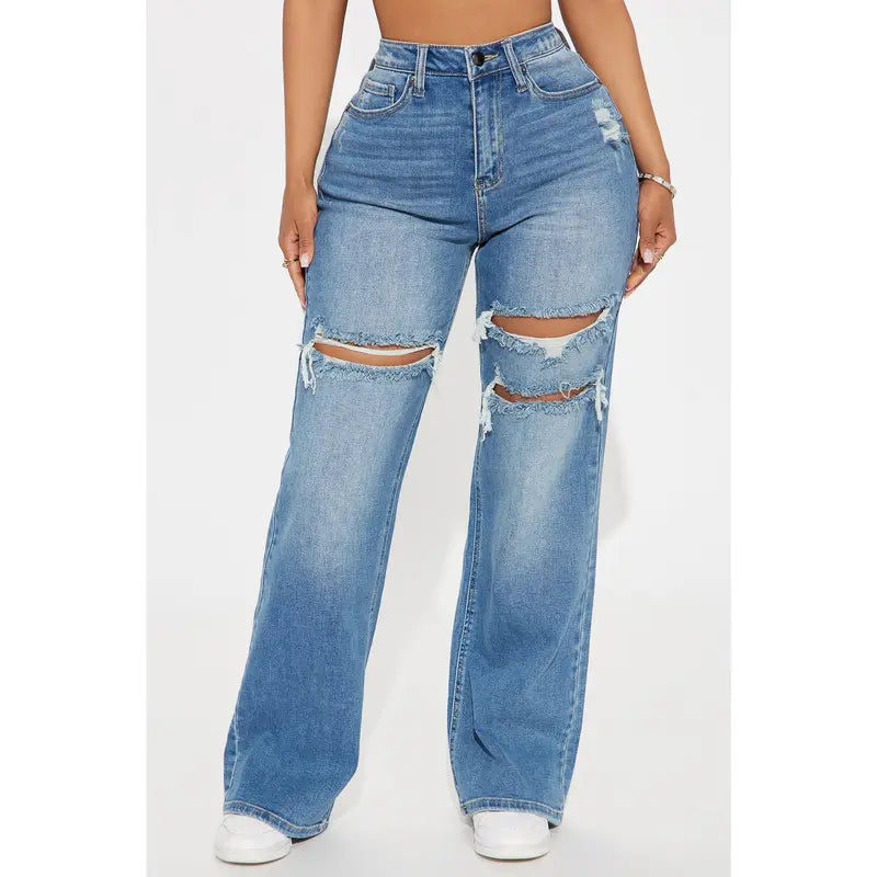 Petite Remi Ripped Stretch Baggy Jeans - Medium Wash