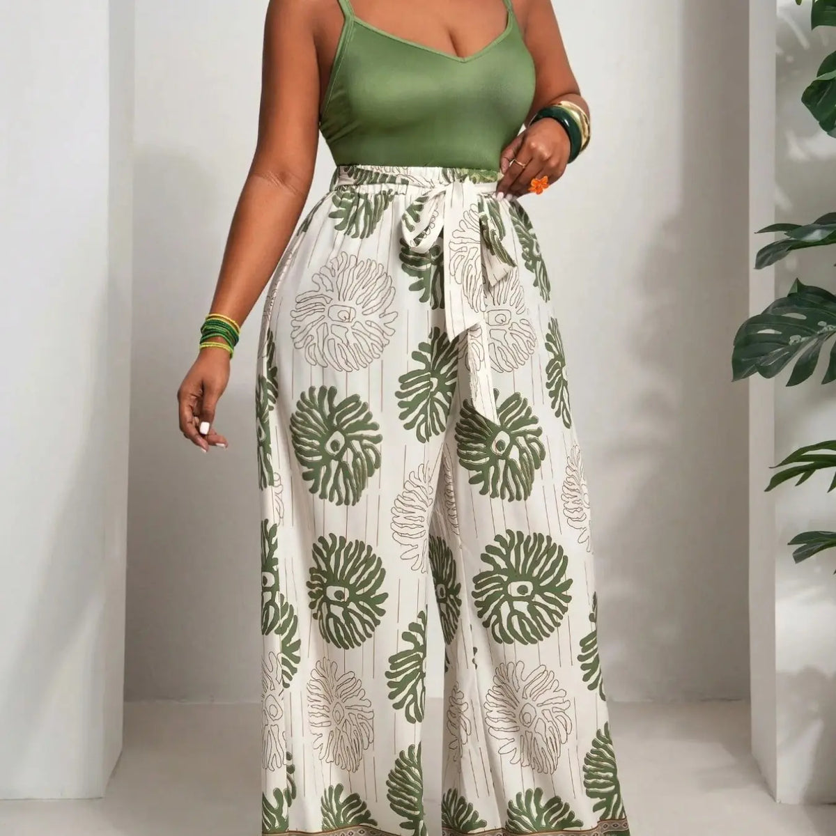 Summer Beach Boho Chic Style Bohemian Tank Top & Wide Leg Pants Set Outfit, Music Festival Theme, Easter, St Patrick's Day, Casual Wear, Floral Pattern Ly6038