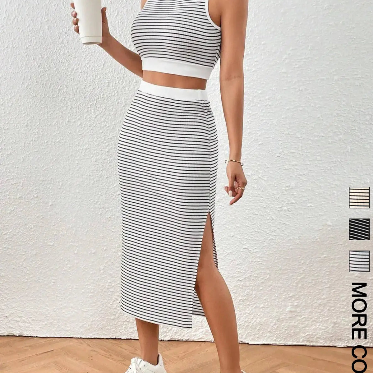 Women's Striped Print Sleeveless Crop Top & Skirt Two-Piece Set Outfit, Casual Fashion Cozy Top & Skirt for Daily Outdoor Wear, Ladies Clothes for All Seasons