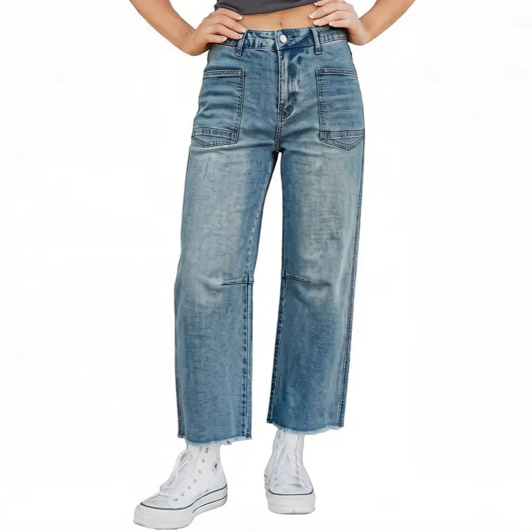 Asvivid Women's Frayed Cropped Straight Jeans with Pockets Denim Basic Fashion Casual Trouser Bottom Pants Womenswear Streetwear