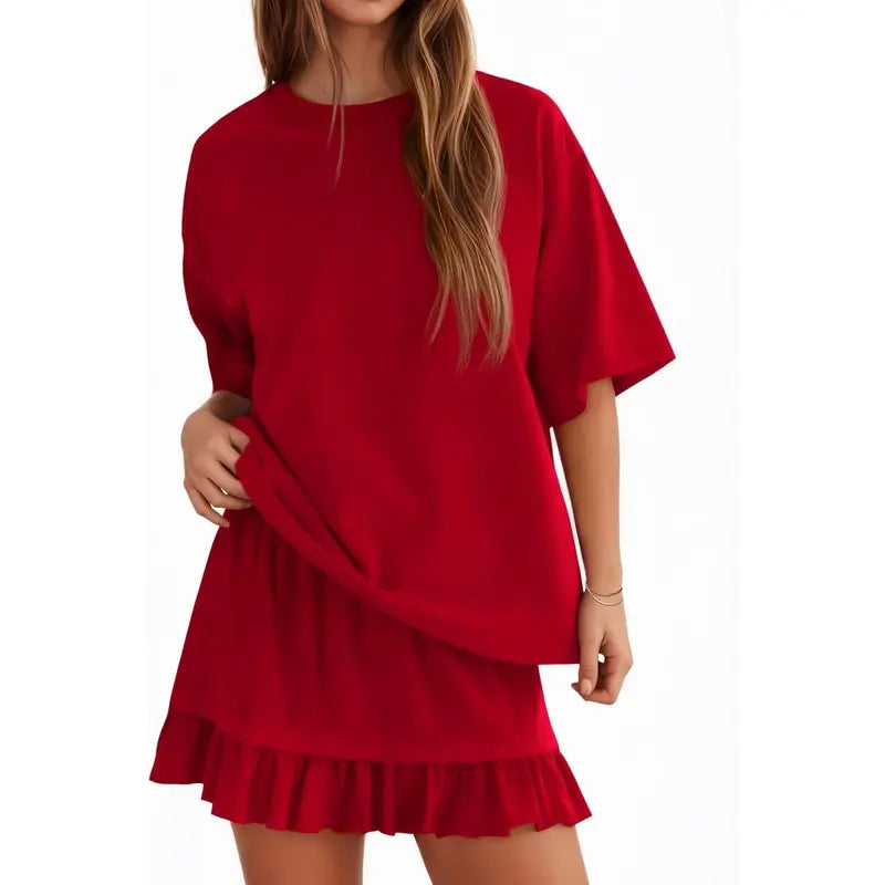 Yousify Women's 2-Piece Minimalist Basic Set - Half Sleeve Crew Neck Top & Casual Mini Skirt, Women's Clothes for Summer Vacation Loungewear, Easy Styling Casual Set