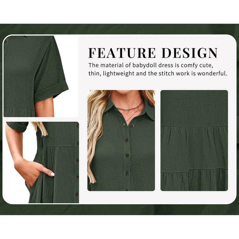 AUSELILY Babydoll Dress for Women Short Sleeve Button Down Textured Non-clingy Loose Fit Flowy Mini Dress with Pockets 2026 New Summer Dress Beachy Style Dress Casual