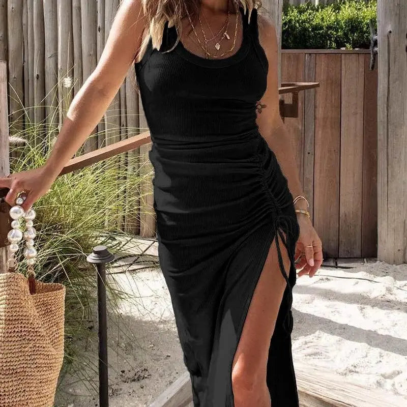 CHICME Women's U-Neck Sleeveless Side Drawstring Ruched Minimalist Tank Dress Casual Side Slit Ribbed Dress for Wedding Guest, Vacation, Casual Party, Dinner Date sohochic