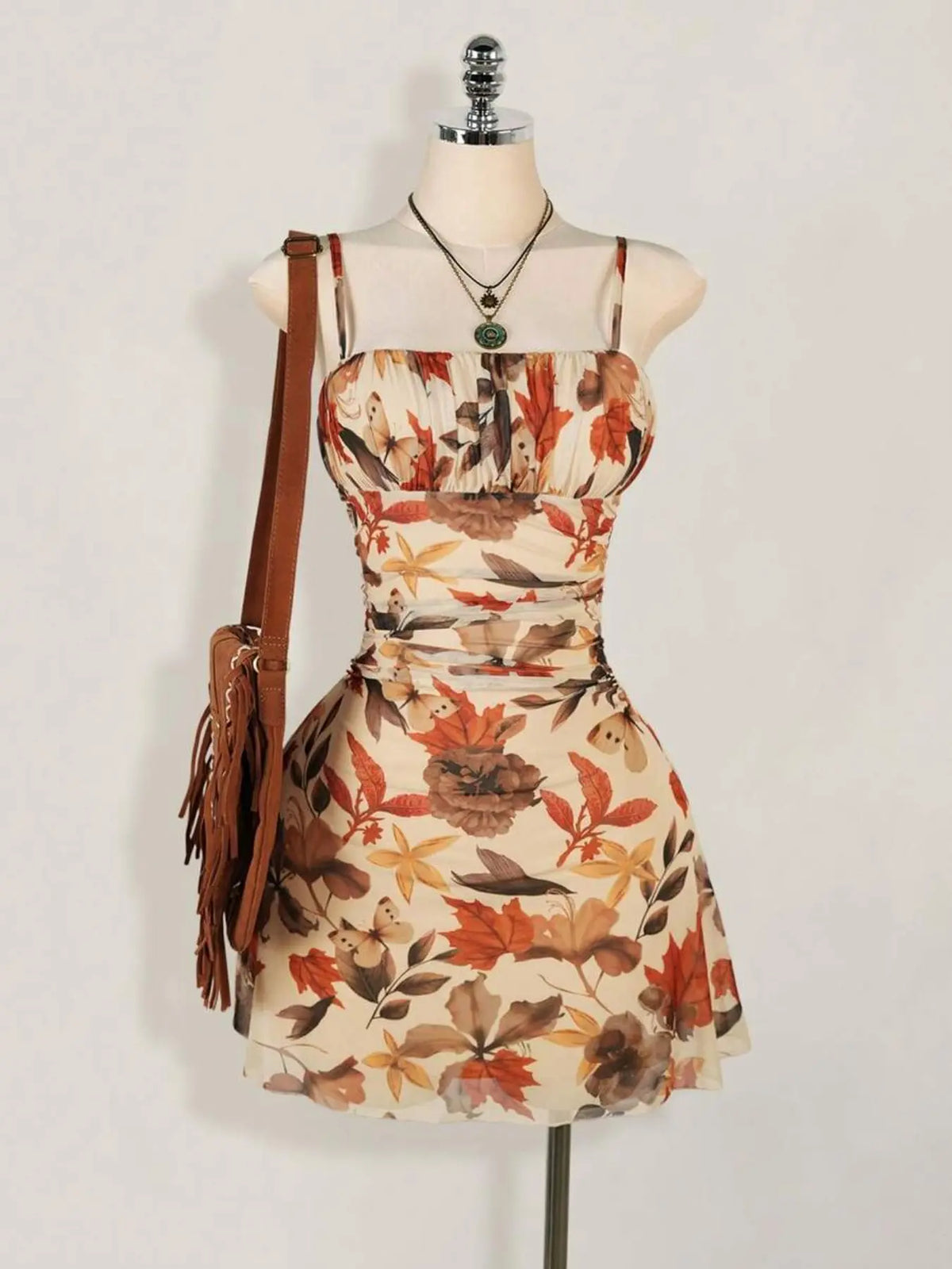 Women's Vintage Maple Leaf Print Floral Ruched Mini Dress Sleeveless, Retro Style Bohemian Dress, Perfect for Spring and Fall, Casual Stylish and Comfortable Dress, Boho Casual Fashion Dress #GLOBAL PICKS