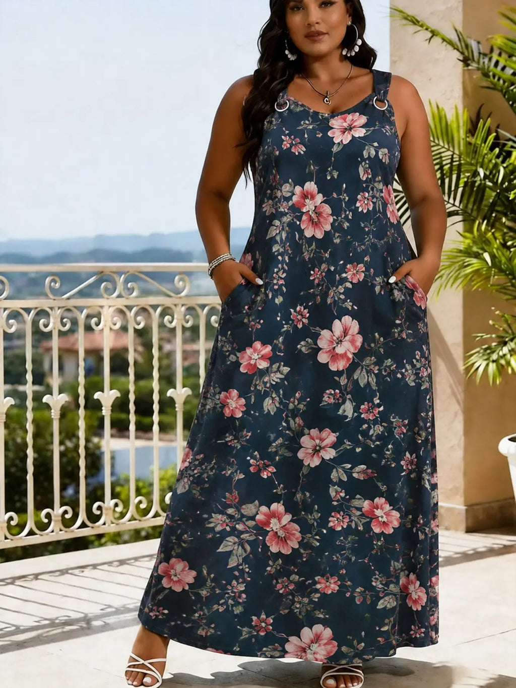 [Juicy Exclusive]Elegant V Neck Sleeveless Summer Casual Dress, Fashion Camouflage Print Long Dress, Wide Strap Hoop Design, Perfect for Daily Outing Beach Party Summer Dresses