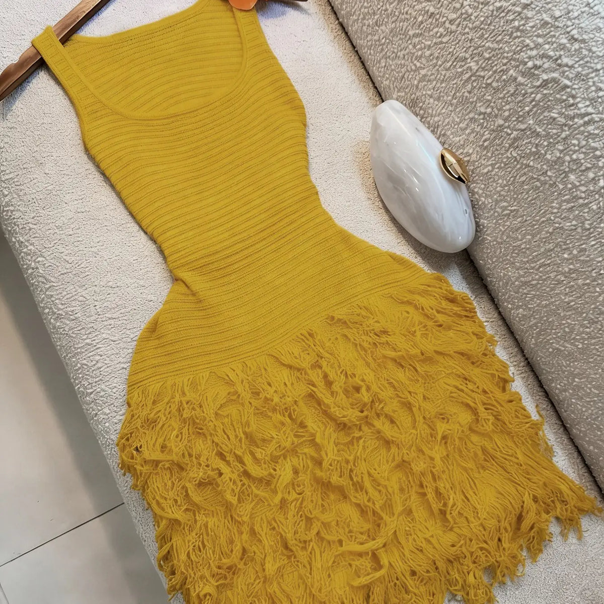 Elegant Knitted Dress for Women, Summer Vacation Fringe Dress, Slim-Fitting Bodycon Summer Dress, Plain Round Neck Sleeveless Dress for Spring & Summer