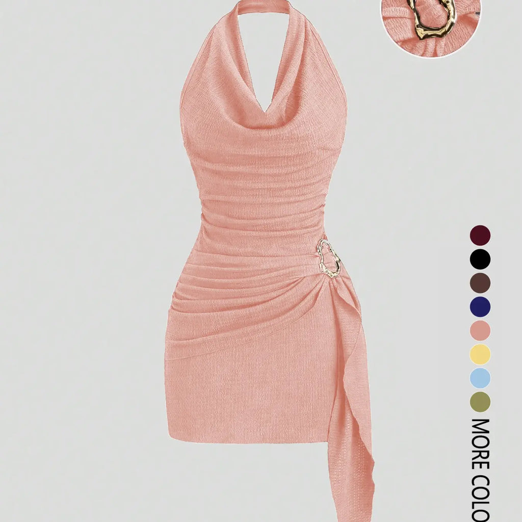 Women's Fashion Solid Color Ruched Halter Fit Dress, Casual Office Wear, Elegant Backless Design, Perfect for Daily Wear, Stylish, Chic and Comfortable Dress, Backless Slim Dress
