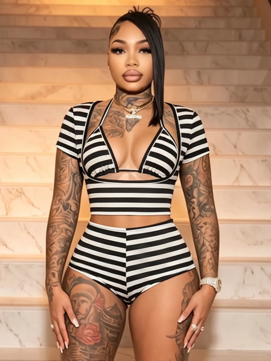 Women's Three-Piece Set, Fashion Clothes Set, Striped U-Neck Short Top & Halter Top & High-Waisted Shorts, Trendy Colorblock Design, Perfect for Parties & Music Festivals