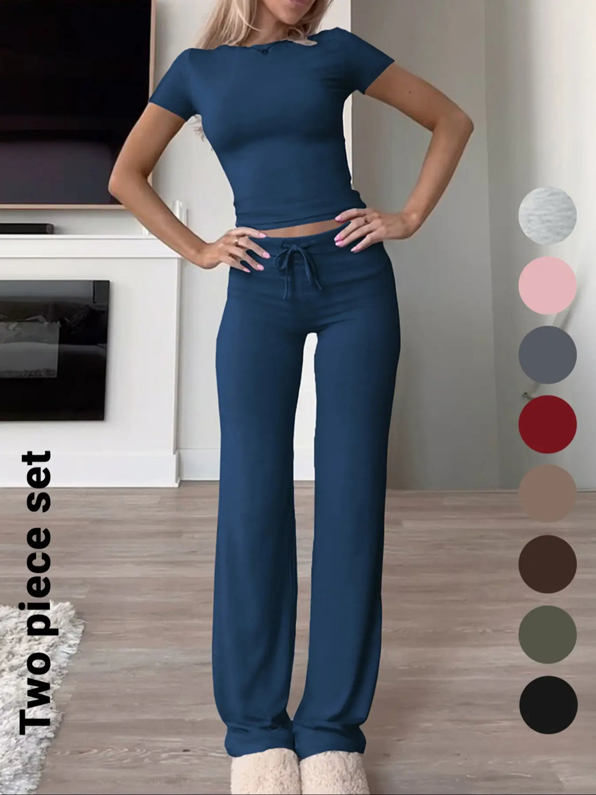 Women's Basic Minimalist Solid Short Sleeve Two-piece Set, Casual Round Neck Crop Tee & Drawstring High Waist Trousers for Daily Wear, Ladies Summer Clothes, Womenswear