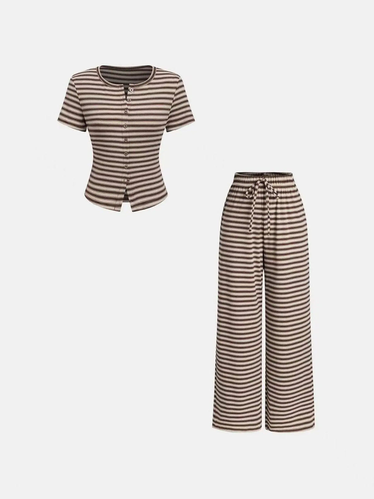 Women's 2-Piece Casual Wide Leg Pants and Short Sleeve Round Neck Striped Knit Top Set, Perfect for Everyday Comfort and Style, Clothes Pants Sets