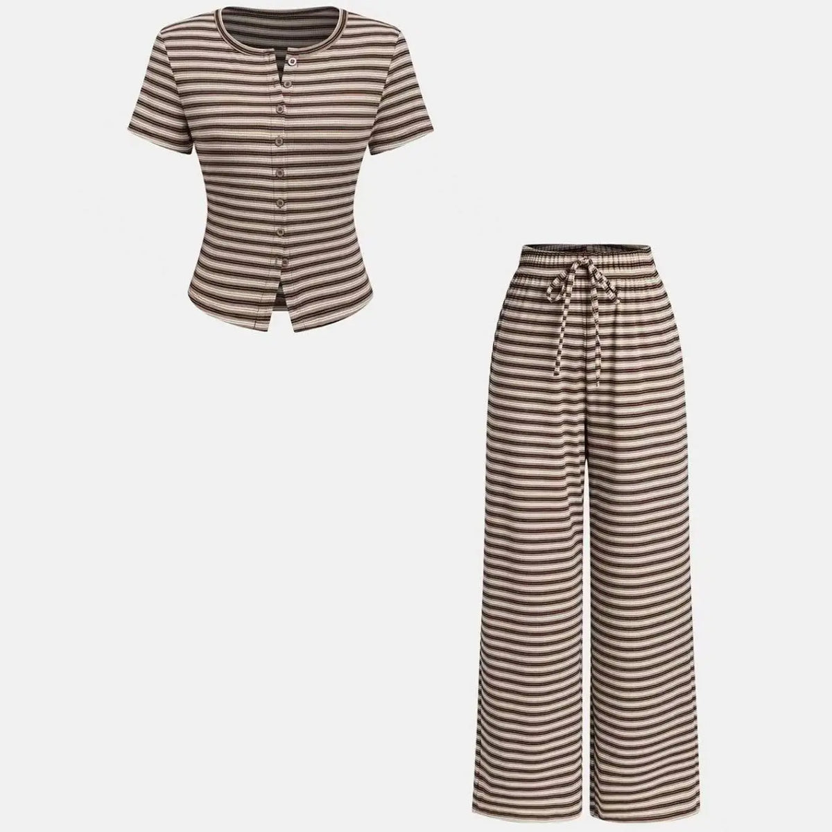 Women's 2-Piece Casual Wide Leg Pants and Short Sleeve Round Neck Striped Knit Top Set, Perfect for Everyday Comfort and Style, Clothes Pants Sets