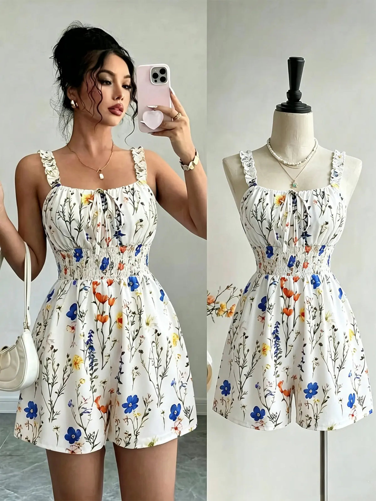 Printed Plant Ruffle Trim Halter Neck Elastic Waist Romper Stylish and Comfortable One-Piece, Perfect for Everyday Casual Wear Ruffled Romper