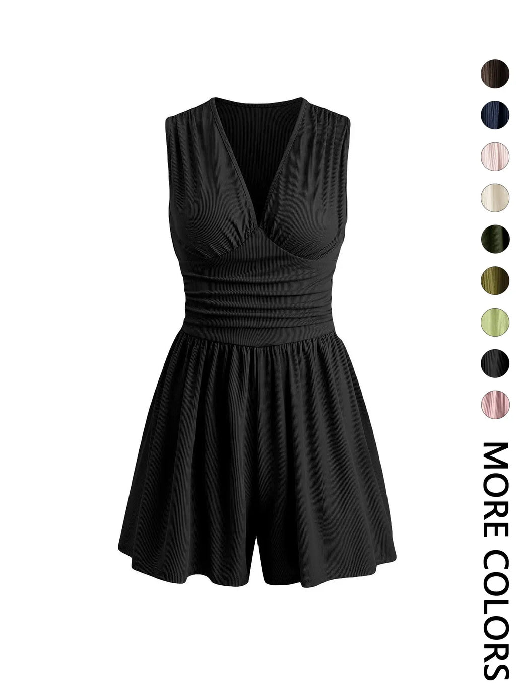 Women's Plain Ribbed Ruched Deep V Neck Tank Short Piece, Elegant Sleeveless Shorts Romper For Summer, Fashion Casual Ladies Clothes For Daily Wear