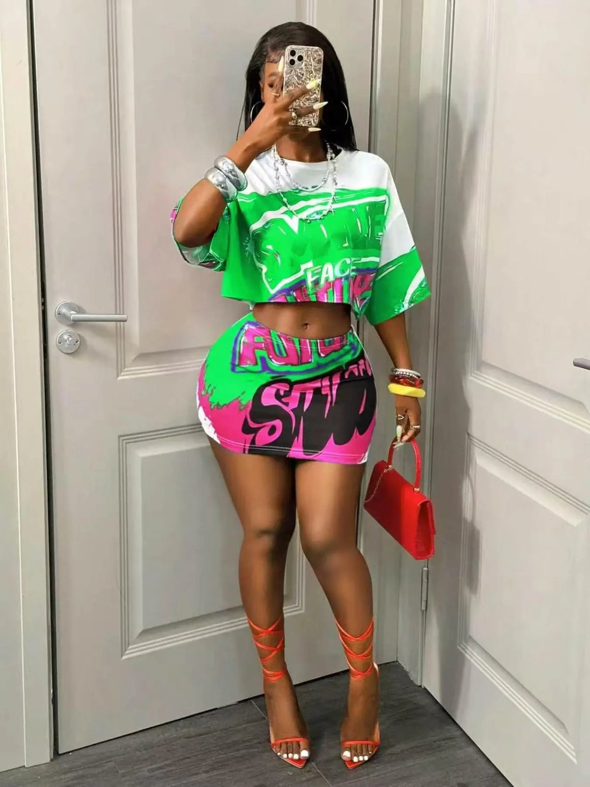 European and American Summer New Fashion Aesthetic Hip Hop Streetwear Street Racing Style Abstract Graphics Print Crop Top T-Shirt + Low Waist Mini Tight Dress 2-Piece Set Fashion Sets Womenswear