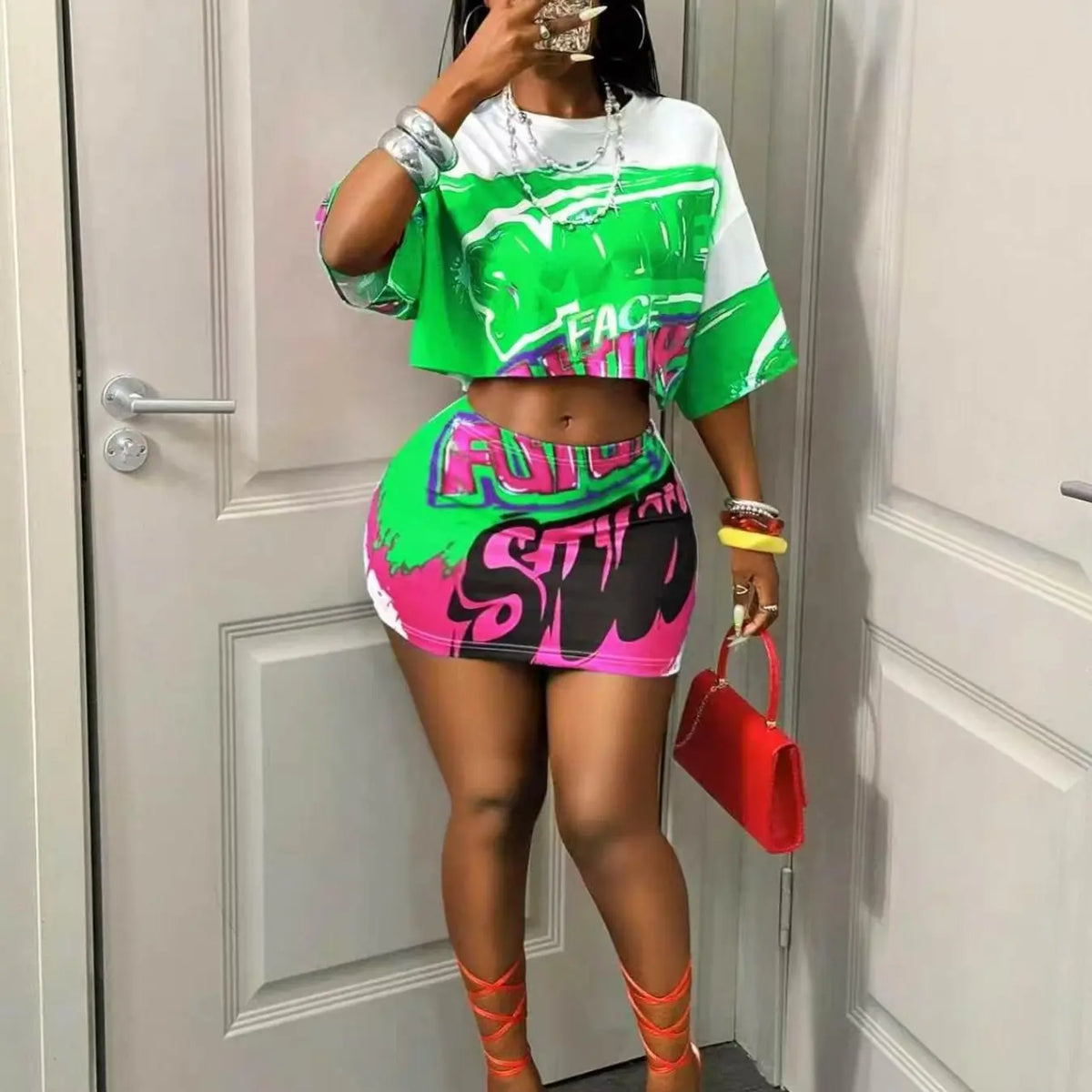 European and American Summer New Fashion Aesthetic Hip Hop Streetwear Street Racing Style Abstract Graphics Print Crop Top T-Shirt + Low Waist Mini Tight Dress 2-Piece Set Fashion Sets Womenswear