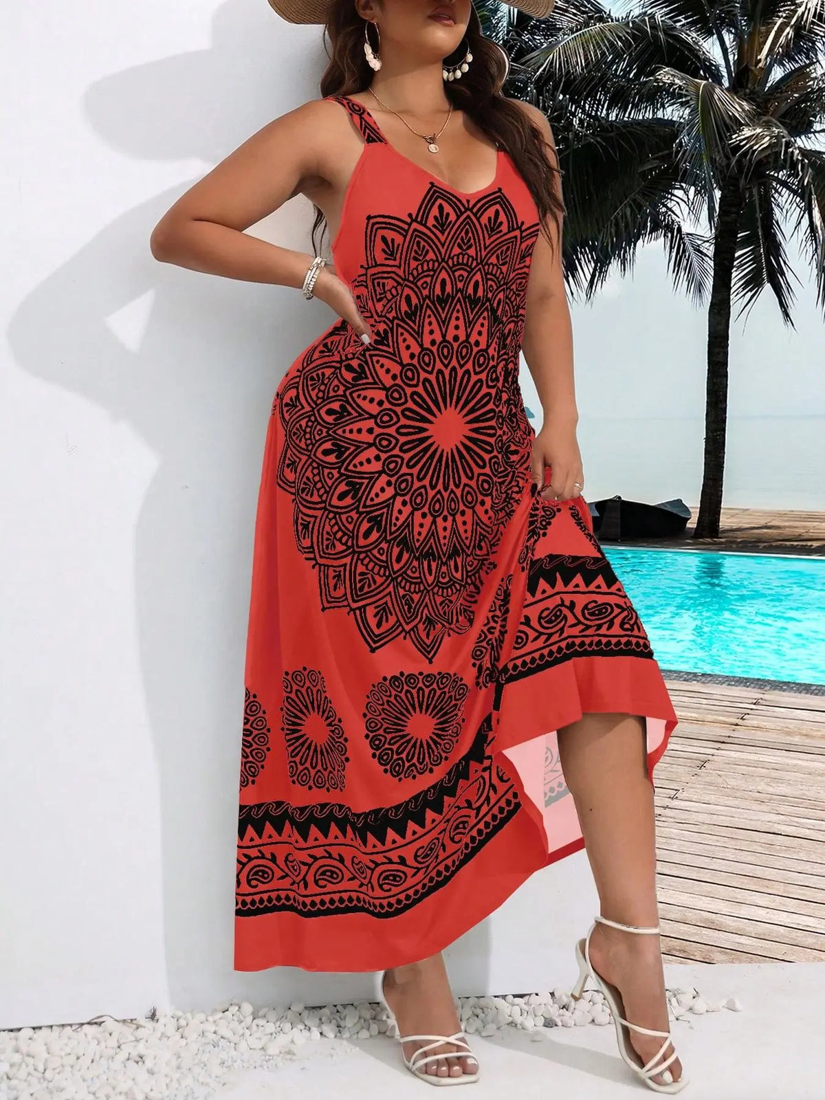 Plus Size Ethnic Pattern Backless Scoop Neck Fitted Cami Dress, Boho Print Dress, Bohemian Style Dresses, Boho Bohemian Fashion Chic Sleeveless Casual A Line Long Dress, Casual Boho Sundress for Beach Holiday Vacation, Women's Plus Clothing for Summer