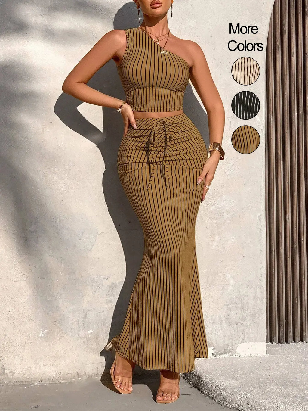 Women's Striped Print One Shoulder Crop Top & High Waist Skirt Set, Casual Fashion Cozy Two-piece Set for Daily Outdoor Wear, Women's Clothing for Summer, Lady Clothes, Womenswear, Sleeveless, Matching Clothing Set, Summer Outfit Set