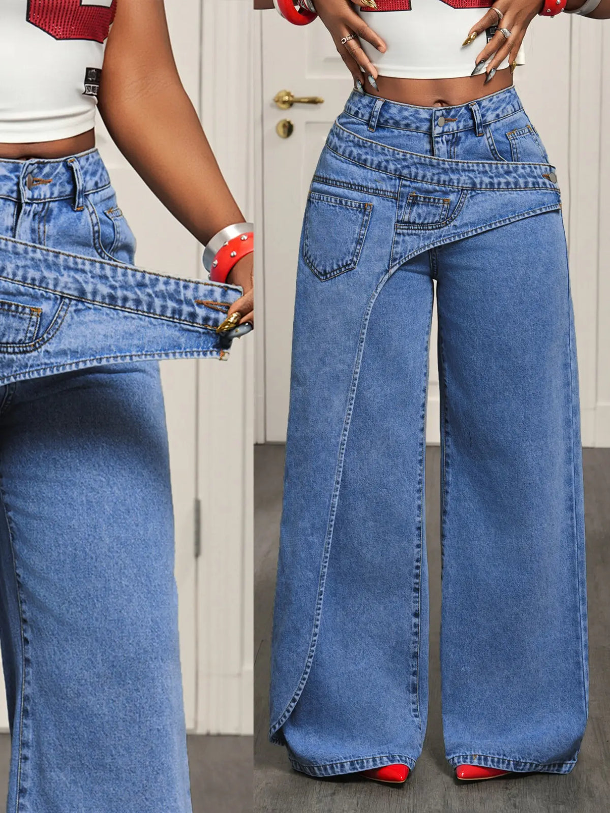 Women's Casual Denim Jean Long Pants, Elegant Plain Pattern, Loose-Fitting, All-Season Fashion, Trendy Asymmetrical Design