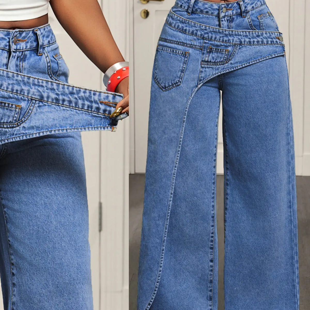 Women's Casual Denim Jean Long Pants, Elegant Plain Pattern, Loose-Fitting, All-Season Fashion, Trendy Asymmetrical Design
