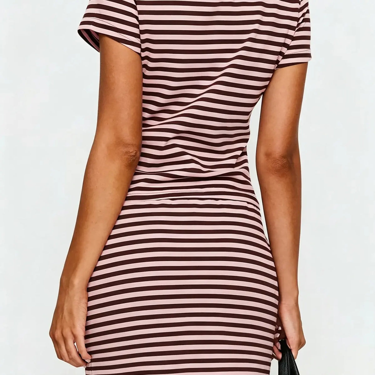 Soft Stretch Striped Casual Two-Piece Set, Slim Fit Short Round Neck T-Shirt & High Waist Adjustable Drawstring Skirt, Versatile Home & Skirt and top set