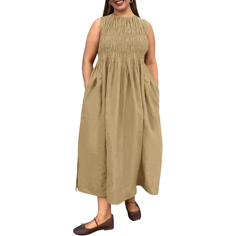 【Plus Size】TANKANEO Women's Plus Size Breathable Sleeveless Crewneck Ruched Maxi Dress with Pockets, Lightweight Casual Dresses for Day Wear & Beach, Matches Flat Shoes & Cardigan