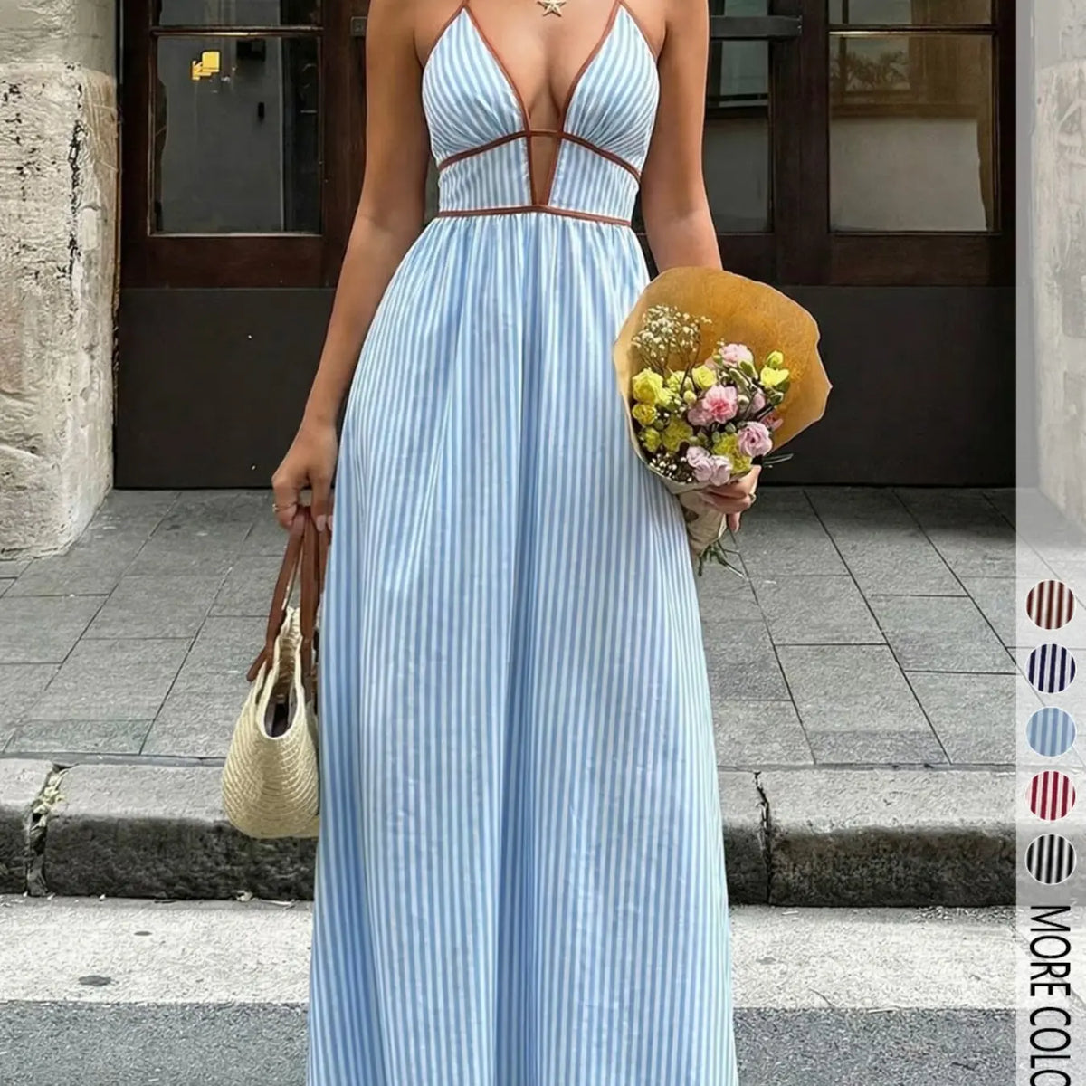 Women's French Style Casual Striped Halter Dress, Chic Elegant Deep V Neck Waist Cinch Long Dress for Vacation, Beach and Summer Womenswear, Bohemian Style Boho Summer Dresses
