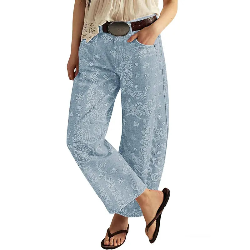 CHOUYATOU Women's Printed Wide-Leg Jeans Y2k Loose Mid-Rise Jeans in Soft Pink with Boho Floral Pattern Casual Denim Trousers