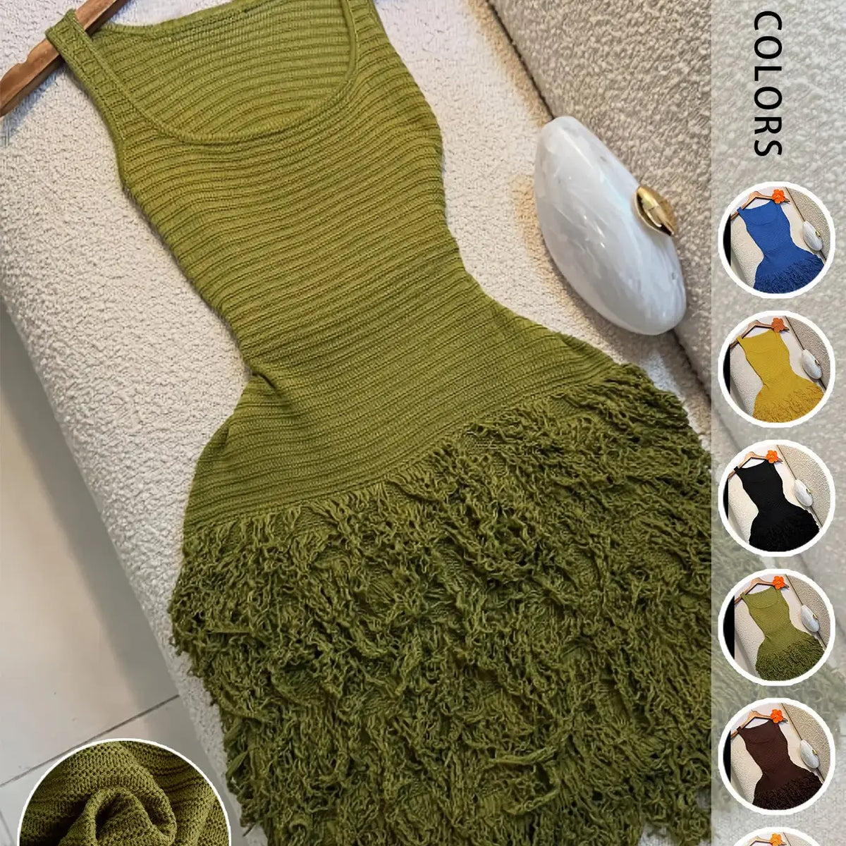 Elegant Knitted Dress for Women, Summer Vacation Fringe Dress, Slim-Fitting Bodycon Summer Dress, Plain Round Neck Sleeveless Dress for Spring & Summer