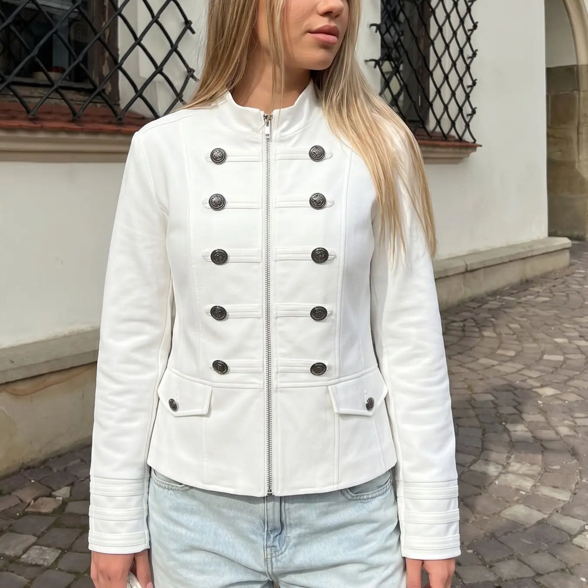 Double Breasted Button Cropped Blazer For Women Demi-Season Long Sleeve Tops White Jacket Fitted Streetwear Military Style Elegant Chic High Neck Women's Outerwear Casual Zip Up Short Coats Womenswear