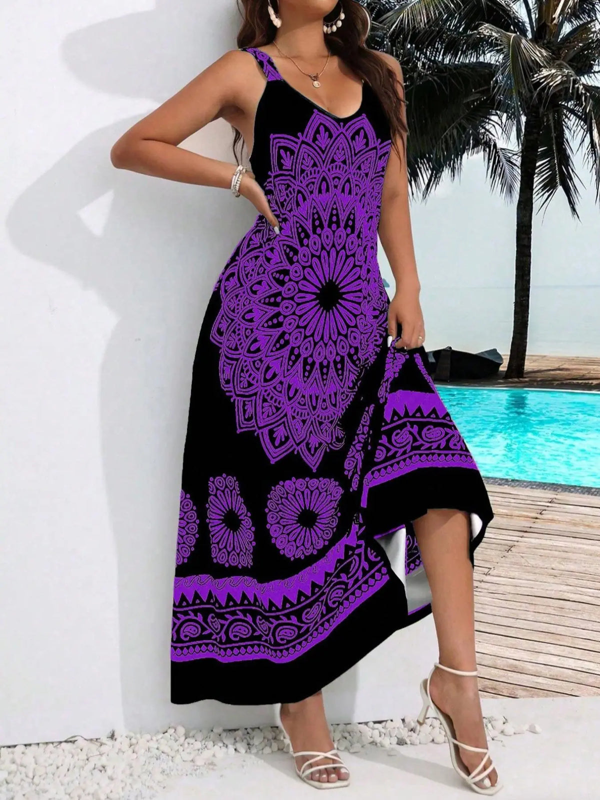 Plus Size Ethnic Pattern Backless Scoop Neck Fitted Cami Dress, Boho Print Dress, Bohemian Style Dresses, Boho Bohemian Fashion Chic Sleeveless Casual A Line Long Dress, Casual Boho Sundress for Beach Holiday Vacation, Women's Plus Clothing for Summer