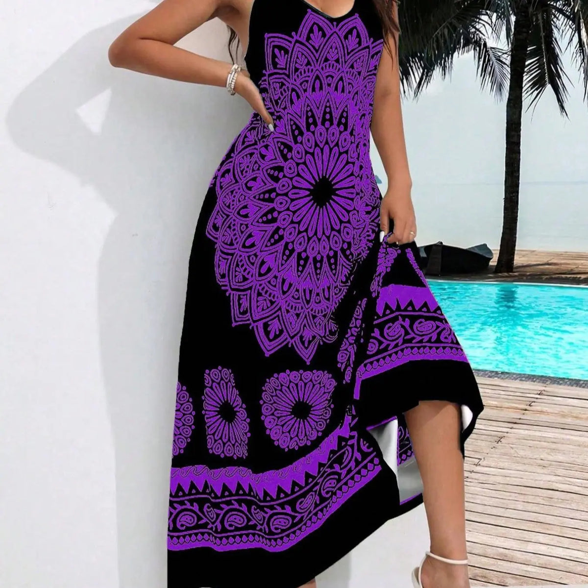 Plus Size Ethnic Pattern Backless Scoop Neck Fitted Cami Dress, Boho Print Dress, Bohemian Style Dresses, Boho Bohemian Fashion Chic Sleeveless Casual A Line Long Dress, Casual Boho Sundress for Beach Holiday Vacation, Women's Plus Clothing for Summer