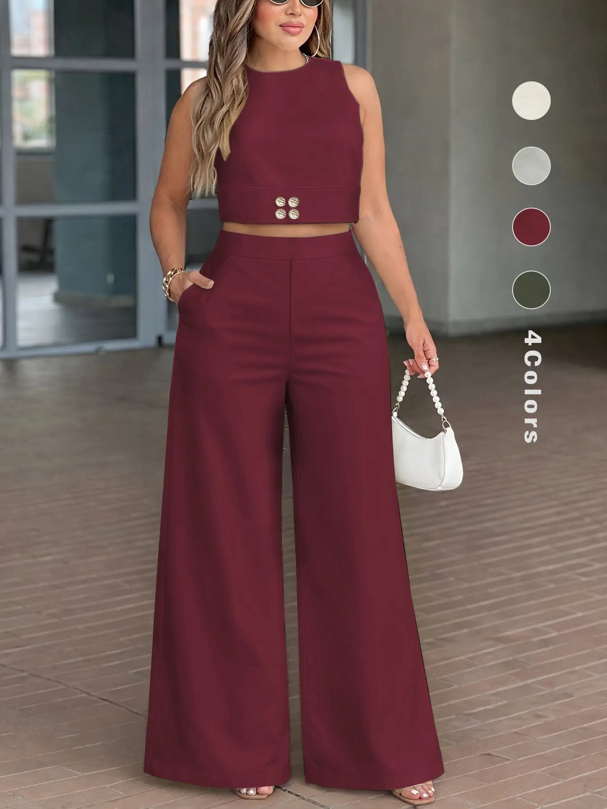 Spring Summer Womenswear Clothes Two Piece Set for Women, Cropped Sleeveless Top and High Waist Wide Leg Pants with, Chic Casual Outfit for Vacation, Brunch and Day to Night Wear, Trousers Set