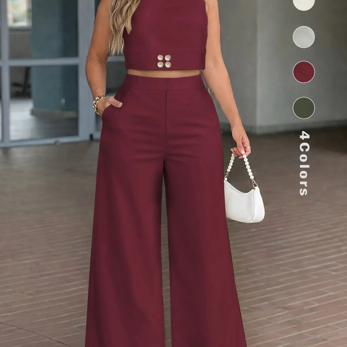 Spring Summer Womenswear Clothes Two Piece Set for Women, Cropped Sleeveless Top and High Waist Wide Leg Pants with, Chic Casual Outfit for Vacation, Brunch and Day to Night Wear, Trousers Set