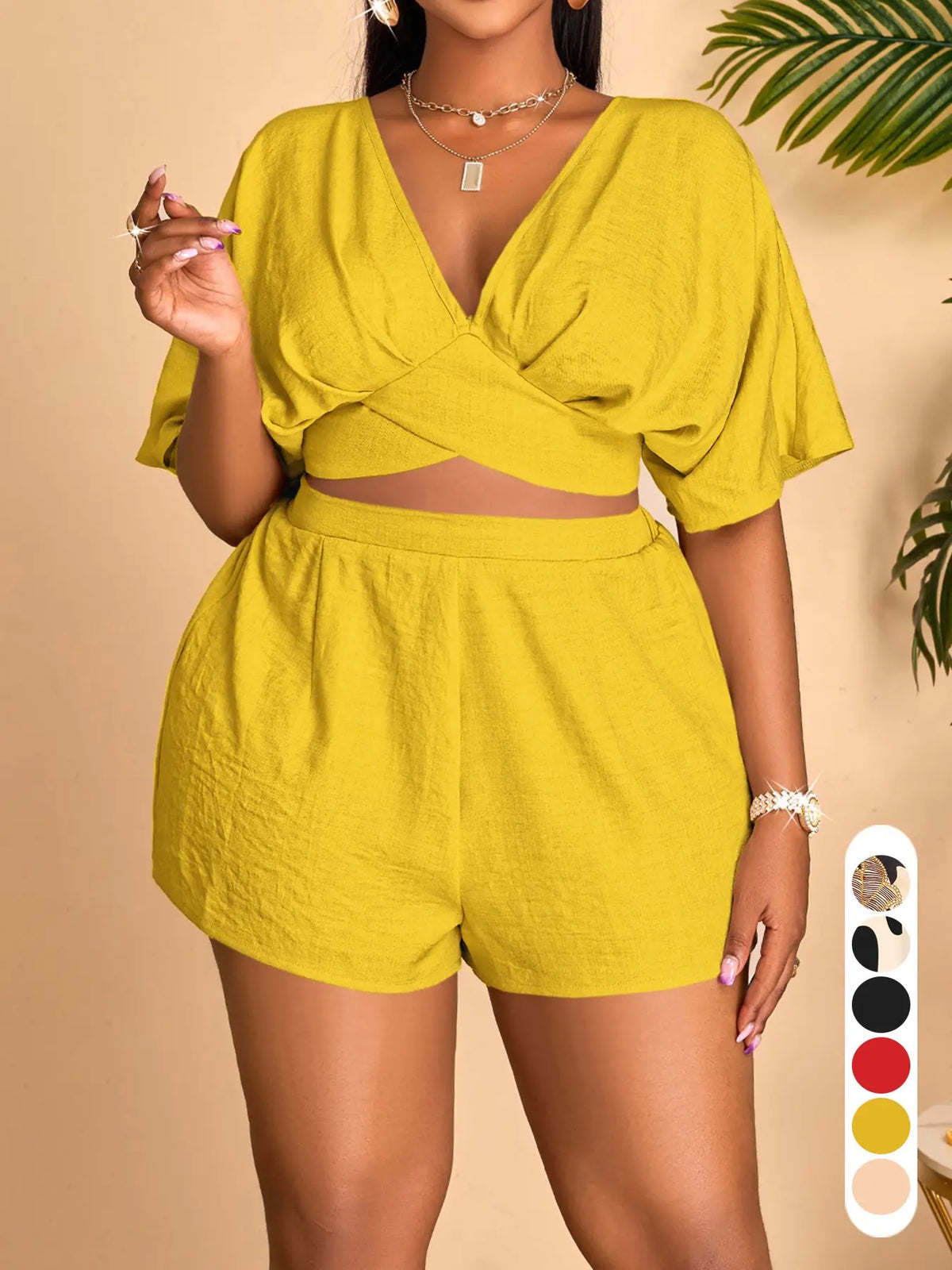 Plus Size Elegant Casual Chic Women's Two-Piece Set, Deep V-Neck Short Sleeve Top and High-Waisted Shorts for Spring & Summer, Womenswear, Clothes, Summer Matching Sets